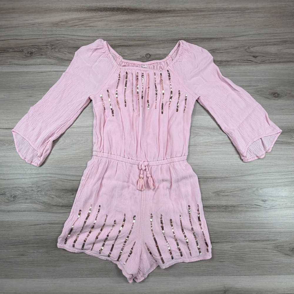 Justice Girls Pink Crinkle Gauze Sequin Stripe Romper Size 10 Boho Bell Sleeve
